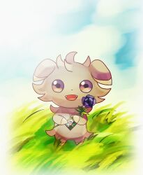 creatures_(company) espurr fangs flower game_freak gen_6_pokemon grass grey_fur happy holding holding_flower jewelry looking_at_viewer necklace nintendo no_humans noritamako open_mouth outdoors pendant pokemon pokemon_(creature) purple_eyes purple_flower smile
