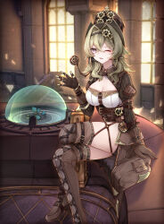 1girl ;) absurdres black_hairband boots breasts brown_corset brown_gloves brown_hair chinese_commentary cleavage commentary_request corset crossed_legs gloves grey_eyes hair_intakes hairband hat highres honkai_(series) honkai_impact_3rd indoors lace-up_boots large_breasts medium_hair one_eye_closed shuiyinzijun sitting smile solo thigh_boots thighs top_hat vill-v