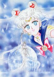 Rule 34 | 1990s (style), 1girl, absurdres, artbook, bishoujo senshi sailor moon, blue background, blue eyes, blue sailor collar, closed mouth, crescent, crescent choker, crescent earrings, double bun, dual persona, earrings, full moon, hair bun, highres, incredibly absurdres, jewelry, moon, official alternate hair color, official art, pale skin, pink lips, princess, princess serenity, retro artstyle, sailor collar, sailor moon, sailor senshi uniform, scan, smile, takeuchi naoko, tsukino usagi, white hair