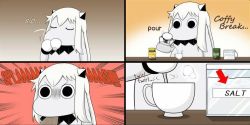 (o)_(o) 10s 4koma closed_eyes coffee collar comic commentary_request cup disposable_cup drinking english_text engrish_text horns kantai_collection kettle long_hair looking_at_viewer mittens moomin moomintroll muppo northern_ocean_princess pouring ranguage salt sazanami_konami spit_take spitting spoon square_4koma stirring teacup white_hair