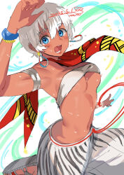 1girl animal_print bandeau blue_eyes bracelet breasts cleavage dark-skinned_female dark_skin earrings elena_(street_fighter) highres jewelry looking_at_viewer navel official_alternate_costume open_mouth sandals scarf short_hair solo stomach street_fighter street_fighter_6 sweat umino_hotate white_bandeau white_hair zebra_print