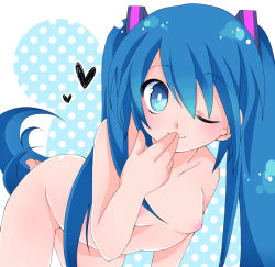 Rule 34 | 1girl, bad id, bad pixiv id, blue hair, breasts, female focus, flat chest, hatsune miku, heart, long hair, nipples, nude, one eye closed, polka dot, polka dot background, ryuuga sazanami, small breasts, smile, solo, tail, twintails, vocaloid, wink