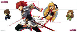 Rule 34 | 00s, 1boy, 3girls, absurdres, aria (seiken no blacksmith), armor, blonde hair, blue eyes, brown eyes, brown hair, cecily cambell, chibi, elf, fishnet pantyhose, fishnets, hat, highres, lisa (seiken no blacksmith), luke ainsworth, luna (artist), luna (reclaimed land), mini hat, multiple girls, official art, pantyhose, pointy ears, red eyes, red hair, seiken no blacksmith, sword, thighhighs, weapon