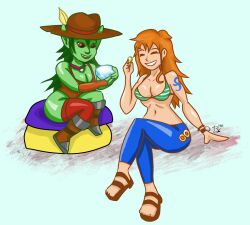 2girls ass breasts choker closed_eyes cushion d6 dice gem grin hat highres jewelry large_breasts long_hair multiple_girls nami_(one_piece) necklace non-web_source one_piece open_mouth sandals simple_background sitting smile strip_poker_night_at_the_inventory trixie_(huffslove)