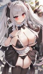 absurdres arme_(cgsy7484) bikini black_hair black_thighhighs blunt_bangs blush breasts cleavage closed_mouth commission demon demon_girl demon_horns demon_tail demon_wings grey_hair highres horns large_breasts looking_at_viewer maid maid_bikini maid_headdress original red_eyes sidelocks skirt smile standing swimsuit tail thighhighs unconventional_maid underwear white_hair wings