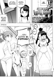 4girls angry bra breasts comic english_text geewhy greyscale highres kagari_atsuko little_witch_academia lotte_jansson medium_breasts monochrome multiple_girls panties patreon_username polka_dot polka_dot_panties right-to-left_comic school small_breasts speech_bubble sucy_manbavaran thought_bubble topless_female underwear watermark web_address