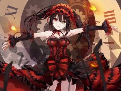 1girl bare_shoulders black_hair black_panties blush breasts cleavage clock_eyes clockwork date_a_live dress garter_straps gothic_lolita hairband heterochromia highres lolita_fashion lolita_hairband long_hair looking_at_viewer medium_breasts outstretched_arms panties red_eyes roman_numeral saint_laurent_paris smile solo symbol-shaped_pupils thighhighs tokisaki_kurumi twintails underwear uneven_twintails yellow_eyes