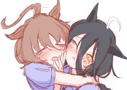 2girls absurdres agnes_tachyon_(umamusume) ahoge akigokoro190 animal_ears arms_around_neck black_hair blush brown_hair cheek-to-cheek cheek_squash closed_eyes hand_on_another&#039;s_face heads_together highres horse_ears horse_girl hug long_hair manhattan_cafe_(umamusume) medium_hair multicolored_hair multiple_girls one_eye_closed open_mouth parted_lips puffy_short_sleeves puffy_sleeves purple_shirt shirt short_sleeves simple_background umamusume white_background white_hair yellow_eyes yuri