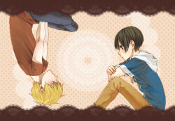 2boys asuka_(pixiv3381855) axis_powers_hetalia black_eyes black_hair blonde_hair blue_eyes blue_hoodie blue_pants border brown_border brown_pants brown_shirt commentary_request couple hood hoodie indian_style japan_(hetalia) lace lace_border looking_at_another male_focus multiple_boys ornate_border pants polka_dot polka_dot_background profile shirt short_hair short_sleeves sitting t-shirt two-tone_hoodie united_kingdom_(hetalia) upside-down white_hoodie yaoi