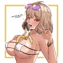 Rule 34 | 1girl, absurdres, ahoge, anis (nikke), anis (sparkling summer) (nikke), banana, bikini, blush, border, bracelet, breasts, brown hair, chocolate, chocolate-covered food, chocolate banana, chocolate on body, chocolate on breasts, english text, eyepatch bikini, eyewear on head, food, food between breasts, food on body, fruit, goddess of victory: nikke, hal san, highres, jewelry, large breasts, licking, looking at viewer, pendant, phallic symbol, saliva, sexually suggestive, short hair, simple background, simulated paizuri, solo, sunglasses, swimsuit, upper body, v, white background, white bikini, yellow eyes