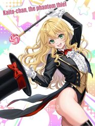 1girl ass black_jacket black_leotard black_thighhighs blonde_hair boots bow bowtie candy cane commission fang food gloves green_eyes hat highleg highleg_leotard highres holding holding_unworn_clothes holding_unworn_hat jacket leotard leotard_under_clothes lollipop long_hair looking_at_viewer no_pants open_mouth original phantom_thief phantom_thief_(kkmomo67) red_bow red_bowtie shirt skeb_commission smile solo thigh_boots thighhighs thighs top_hat tsukiyuki_mike unworn_hat unworn_headwear white_gloves white_shirt