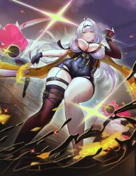 1girl absurdres ahoge asymmetrical_gloves between_fingers black_gloves black_thighhighs breasts breasts_apart covered_erect_nipples dioscoreae031 ethereal_(zenless_zone_zero) fingerless_gloves from_below glint gloves hair_ornament high-waist_shorts highres holding jacket large_breasts long_hair looking_at_viewer looking_down ofuda ofuda_between_fingers parted_lips shorts single_thighhigh smile sparkle thick_thighs thigh_strap thighhighs thighs twitter_username uneven_gloves white_hair yellow_eyes yi_xuan_(zenless_zone_zero) zenless_zone_zero