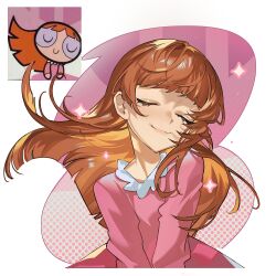 Rule 34 | 1girl, blossom (ppg), brown hair, buttercup redraw challenge (meme), closed eyes, closed mouth, derivative work, highres, long hair, long sleeves, mato-c, meme, multiple views, pajamas, pink background, pink pajamas, powerpuff girls, smile, sparkle, wavy hair, white background