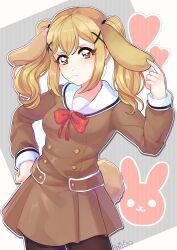 animal_ears bang_dream! black_pantyhose blonde_hair bow brown_dress brown_eyes bulkobon buttons clenched_hand double-breasted double-parted_bangs dress hair_ornament hanasakigawa_school_uniform hand_on_own_hip highres ichigaya_arisa long_hair long_sleeves pantyhose pleated_dress pout rabbit rabbit_ears rabbit_girl rabbit_tail red_bow sailor_collar school_uniform sidelocks tail twintails x_hair_ornament