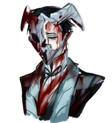 1boy black_hair black_suit blood blood_on_clothes blood_on_face blood_on_mask closed_eyes curiambro_(project_moon) damalcb formal_clothes goat_mask highres limbus_company male_focus mask neck_ribbon one_eye_covered pointy_ears portrait project_moon ribbon skull_mask solo suit turtleneck white_background