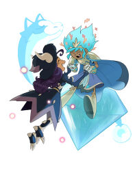 2girls absurdres amphibia anne_boonchuy armor artist_collaboration blue_hair cape claws closed_eyes company_connection crossover crystal dana_terrace dark-skinned_female dark_skin demon_girl demon_horns hat highres holding_hands horns horns_through_headwear leaf leaf_on_head luz_noceda luz_noceda_(titan) matt_braly multiple_girls open_mouth purple_hair smile spoilers stringbean_(the_owl_house) the_owl_house tiara witch_hat