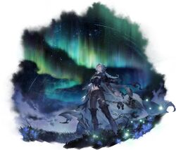 Rule 34 | 1girl, absurdres, arm shield, aurora, blue hair, boots, border, braid, braided ponytail, breasts, broken, broken chain, brown boots, chain, cloak, closed eyes, estra (sword of convallaria), fading border, flower, game cg, highres, knee boots, light particles, light smile, long hair, midriff, night, non-web source, official art, outstretched arms, pants, single braid, sword of convallaria, torn cloak, torn clothes, torn pants, transparent border, two-sided cloak, two-sided fabric, wrist blades