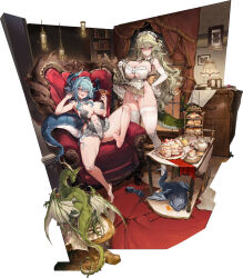 2girls :d absurdres apron armpits bare_shoulders barefoot black_shoes blue_hair blush book bookshelf breasts broken_horn chair cleavage clenched_teeth clipboard cocktail_glass commentary cup dragon dragon_girl dragon_horns dragon_tail drinking_glass elbow_gloves english_commentary food garter_straps gloves green_hair hair_between_eyes hair_ornament hand_on_own_hip highres holding holding_clipboard holding_cup horns kkonziam large_breasts leotard long_hair looking_at_viewer maid_apron maid_headdress multiple_girls navel open_mouth original pancake pancake_stack panties purple_eyes sandwich saucer scone shelf shoes sitting smile spread_legs tail teacup teapot teeth thighhighs thong underwear very_long_hair white_gloves white_panties white_thighhighs