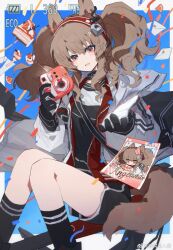 1girl :d angelina_(arknights) animal_ears arknights bag battery_indicator birthday black_bag black_collar black_gloves black_shirt black_socks blue_background blush border brown_hair cake camera character_name chinese_commentary coat cocktail collar commentary_request confetti dolphin_shorts dot_nose earpiece envelope feet_out_of_frame film_grain food fox_ears fox_girl fox_tail glint gloves grapefruit grapefruit_slice hair_between_eyes hairband hat heart highres holding holding_camera infection_monitor_(arknights) jacket kneehighs light_particles long_hair long_sidelocks long_sleeves looking_at_viewer messenger_bag multicolored_gloves open_clothes open_coat open_jacket open_mouth outstretched_hand party_hat polaroid_camera polaroid_photo red_eyes red_hairband red_jacket shirt short_shorts shorts shoulder_bag sidelocks smile socks solo striped_clothes striped_hairband tail twintails two-tone_hairband unzipped viewfinder watermark weibo_7455897562 weibo_watermark white_border white_coat white_gloves