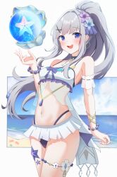 1girl absurdres adina_savic asagizu beach bikini black_choker black_survival blue_eyes blue_sky breasts choker cloud commentary crab earrings english_commentary eternal_return:_black_survival grey_hair highres jewelry long_hair looking_at_viewer medium_breasts navel necklace ocean open_mouth ponytail skirt sky solo starfish swimsuit teeth upper_teeth_only white_skirt