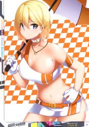 1girl absurdres artist_name belt blonde_hair breasts cleavage closed_mouth collar collarbone earrings female_focus gloves hand_on_own_hip highres jewelry kaname_nagi large_breasts lips looking_at_viewer medium_breasts midriff miniskirt mole mole_under_eye necklace orange_belt page_number purple_eyes scan shiny_skin short_hair simple_background skirt smile solo thighs toranoana white_gloves