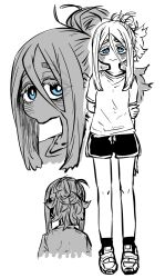 1girl alternate_costume arms_behind_back blue_eyes child greyscale_with_colored_eyes gym_shirt gym_shorts hair_bun highres holding_own_arm limited_palette long_hair looking_at_viewer rosario_kirishima shirt shoes shorts sneakers solo t-shirt yakunitatsu_node_chi_o_kudasai zyugoya