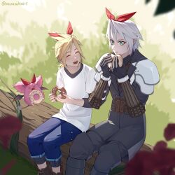 Rule 34 | &gt; &lt;, 2boys, aged down, armor, bat wings, blonde hair, chewing, closed eyes, cloud strife, creature, donut, dragon quest, dragon quest tact, eating, final fantasy, final fantasy vii, final fantasy vii ever crisis, food, food on face, gloves, grass, grey hair, highres, holding, holding food, log, male focus, monan, multiple boys, open mouth, outdoors, pauldrons, pink fur, pink sanguini, red ribbon, ribbon, sephiroth, sephiroth (ever crisis), shirt, short hair, shorts, shoulder armor, sitting, slit pupils, smile, t-shirt, twitter username, wings, zi (murasaki0615)
