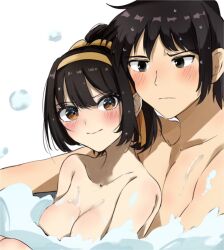 1boy 1girl bathing blush breasts brown_eyes brown_hair cleavage closed_mouth collarbone commentary_request completely_nude hair_ribbon hairband hetero highres kyon medium_breasts medium_hair mixed-sex_bathing nude partially_submerged ponytail ribbon sasai_tuki shared_bathing simple_background smile soap_bubbles suzumiya_haruhi suzumiya_haruhi_no_yuuutsu wet white_background yellow_hairband yellow_ribbon