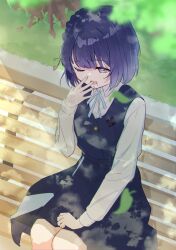 1girl ;o absurdres black_overskirt black_vest blue_ribbon blurry commentary_request depth_of_field falling_leaves gakuen_idolmaster grass hand_to_own_mouth hataya_misuzu hatsuboshi_gakuen_school_uniform highres idolmaster leaf long_sleeves looking_ahead mole mole_under_mouth neck_ribbon on_bench one_eye_closed outdoors purple_eyes purple_hair ribbon school_uniform shirt short_hair sitting solo to_mato vest white_shirt yawning