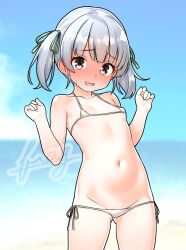 1girl absurdres alternate_costume beach bikini blurry blurry_background breasts cowboy_shot furaggu_(frag_0416) gluteal_fold green_ribbon grey_hair hair_ribbon highres kantai_collection looking_at_viewer micro_bikini navel ocean ooshio_(kancolle) outdoors purple_eyes ribbon short_twintails side-tie_bikini_bottom small_breasts smile solo stomach swimsuit twintails watermark white_bikini