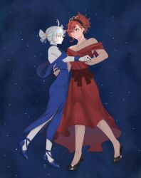 2girls bare_shoulders black_hairband black_shoes blue_dress blue_eyes blue_shoes breasts cleavage closed_mouth commentary dancing dress gundam gundam_suisei_no_majo hair_up hairband hand_on_another&#039;s_waist highres holding_hands jewelry looking_at_another miorine_rembran multiple_girls necklace off-shoulder_dress off_shoulder parted_lips qnhuw red_dress red_hair shoes smile star_(sky) starry_sky_background suletta_mercury symbol-only_commentary thick_eyebrows white_hair yuri
