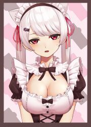 Rule 34 | 1girl, alternate hairstyle, animal ears, black dress, bow, bowtie, breasts, cat ears, cleavage, dress, extra ears, frilled dress, frills, hair ornament, hairclip, highres, kushinaka, large breasts, long hair, looking at viewer, maid, maid headdress, nijisanji, open mouth, red eyes, shiina yuika, shiina yuika (5th costume), short sleeves, solo, sweatdrop, twintails, upper body, virtual youtuber, white hair
