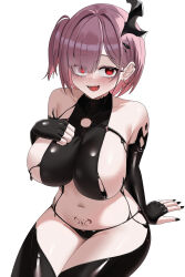 1girl :d absurdres arm_behind_back armpit_crease bare_shoulders black_gloves black_horns black_liquid black_nails black_panties black_shirt black_thighhighs blush breasts brown_hair chest_strap collarbone colored_inner_hair commentary covered_collarbone cowboy_shot crop_top earclip elbow_gloves eyes_visible_through_hair fang fingerless_gloves fingernails gloves goddess_of_victory:_nikke groin hair_behind_ear hair_between_eyes hair_over_one_eye halter_shirt halterneck hand_on_own_chest highres horns large_breasts liquid_clothes looking_at_viewer lower_teeth_only multicolored_hair nail_polish navel o-ring_strap one_side_up open_mouth panties pink_hair pubic_tattoo red_eyes shirt short_hair sideboob sideless_shirt simple_background single_horn sitting skin_fang sleeveless sleeveless_shirt smile solo stomach tattoo teeth thighhighs two-tone_hair underwear white_background ziz_(nikke) ziz_(pandora707)