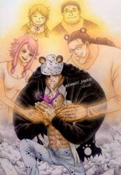 2boys 3girls ^_^ abs animal_ears bartholomew_kuma bear_ears braided_twintails carrying carrying_person child clapp_(one_piece) closed_eyes commentary_request family freckles ginny_(one_piece) glasses hat holding jewelry_bonney kuma&#039;s_mother mixed-language_commentary multiple_boys multiple_girls one_piece pink_hair romance_dawn722 shirt smile t-shirt v-shaped_eyebrows