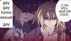 2boys :d absurdres ahoge black_sclera blonde_hair collared_shirt colored_sclera cthooliac dual_persona english_text fangs fedora gay_gay_homosexual_gay_(meme) grey_eyes hat heterochromia highres hugo_vlad long_hair looking_ahead male_focus meme mole mole_under_eye multiple_boys necktie open_mouth pointy_ears red_eyes shirt smile speech_bubble sweat unbuttoned white_necktie zenless_zone_zero