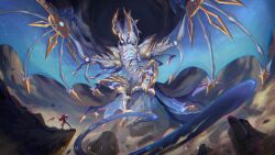 Rule 34 | 1boy, blue eyes, boots, cape, claws, cliff, cloud, commission, cporing, dragon, dust cloud, english text, giant, giant monster, gold trim, highres, hilt, horns, legs apart, mountain, open mouth, original, outdoors, red cape, sharp teeth, sky, spread wings, standing, tail, teeth, weapon, wings