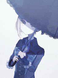 1girl ascot black_coat black_umbrella black_vest closed_mouth coat collared_shirt grey_eyes grey_hair hands_up highres holding holding_umbrella lace-trimmed_umbrella rainyam6 reverse:1999 shade shirt short_hair solo two-handed umbrella upper_body vertin_(reverse:1999) vest waistcoat white_ascot white_background white_shirt