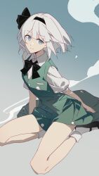 Rule 34 | 1girl, black bow, black bowtie, black hairband, black ribbon, black shoes, blue background, blue eyes, bow, bowtie, closed mouth, collared shirt, commentary request, floating hair, full body, gradient background, green skirt, green vest, grey background, hair between eyes, hairband, highres, hitodama, konpaku youmu, konpaku youmu (ghost), looking at viewer, puffy short sleeves, puffy sleeves, ribbon, shirt, shoes, short hair, short sleeves, simple background, sitting, skirt, skirt set, smile, socks, solo, touhou, two-tone background, vest, white hair, white shirt, white socks, wuliwuli909