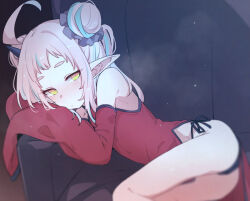 Rule 34 | 1girl, ahoge, azuma shino, chinese clothes, couch, expressionless, frills, hair bun, hair buns, hand on own face, horn, long ears, long sleeves, lying, multicolored hair, on side, pink hair, pointy ears, repi (azuma shino), skinny, two-tone hair, yellow eyes