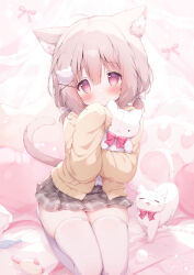 Rule 34 | 1girl, ahoge, animal ear fluff, animal ears, blush, brown hair, cardigan, cat, cat ears, cat girl, cat hair ornament, cat tail, commentary request, grey skirt, hair ornament, hairclip, hand to own mouth, highres, hugging object, looking at viewer, momozu komamochi, original, plaid clothes, plaid skirt, red eyes, ribbon, shirt, short hair, short twintails, sitting, skirt, sleeves past wrists, stuffed animal, stuffed cat, stuffed toy, tail, thighhighs, thighs, twintails, white shirt, white thighhighs, yellow cardigan, zettai ryouiki