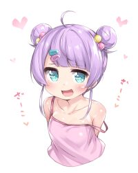 1girl ahoge arms_behind_back bare_shoulders beads blue_eyes blush breasts bright_pupils camisole collarbone commentary_request cropped_torso double_bun furrowed_brow hair_beads hair_bun hair_ornament hairclip highres looking_at_viewer mochi_hiyoko mochipro open_mouth pink_camisole purple_hair short_hair sidelocks small_breasts smile smug solo strap_slip tamase_tama translation_request virtual_youtuber white_background white_pupils