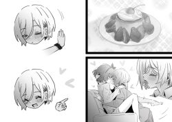 2girls ^_^ barefoot blush cherry closed_eyes commentary drakeposting_(meme) ebizuka_tomo food fruit girls_band_cry greyscale hairband hashtag-only_commentary heart hug kiss long_sleeves lwmina70119 meme mole mole_under_eye monochrome multiple_girls open_mouth pudding rupa_(girls_band_cry) shirt short_hair shorts strawberry sweatdrop yuri