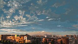 atmospheric_perspective blue_sky building cityscape cloud cloudy_sky highres hisachan55cute mountainous_horizon no_humans original pixel_art scenery sky sunrise town