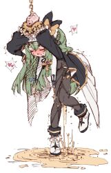 1girl arms_up bdsm blush bodystocking bondage boots borrowed_character bound bound_wrists bow braid chain closed_eyes cuffs drooling embarrassed full_body green_hair have_to_pee heart highres huanxiang_koudai_meow indie_virtual_youtuber leaning_forward leg_up long_hair long_sleeves nose_blush nun open_mouth original own_hands_together pee pee_puddle peeing peeing_self puddle puffy_sleeves rune_(dualhart) second-party_source shackles side_braid simple_background single_braid sketch solo speech_bubble spoken_heart standing standing_on_one_leg sweat trembling virtual_youtuber wet white_background white_boots