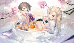1boy 1girl ahoge artist_name blonde_hair bow braid branch breasts brown_eyes brown_hair cherry_blossoms commentary commission commissioner_name eating food food_request hair_bow half_up_braid highres holding holding_food in_bowl in_container in_food inkling inkling_boy inkling_player_character jinkoika licking long_hair looking_at_viewer nintendo octoling octoling_girl octoling_player_character open_mouth orange_eyes pointy_ears see-through_clothes see-through_shirt shirt short_hair short_sleeves splatoon_(series) spoon suggestive_fluid symbol-only_commentary tentacle_hair wet wet_clothes wet_shirt white_bow white_shirt