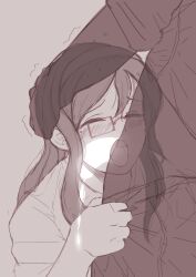 Rule 34 | 1boy, 1girl, blank censor, censored, closed eyes, clothed sex, cum, cum in mouth, deepthroat, fellatio, furusawa yoriko, glasses, gokkun, gripping clothes, hand on another&#039;s head, hetero, highres, idolmaster, idolmaster cinderella girls, long hair, open mouth, oral, tomawarinosuizou