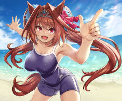 1girl :d absurdres animal_ears armpits beach blue_one-piece_swimsuit blue_sky breasts brown_hair cloud cloudy_sky daiwa_scarlet_(umamusume) hair_intakes highres horse_ears horse_girl horse_tail large_breasts long_hair looking_at_viewer non-web_source one-piece_swimsuit open_mouth outdoors pink_eyes sand school_uniform sky smile solo swimsuit tail tiara tracen_swimsuit twintails umamusume uousa-ou very_long_hair water wet