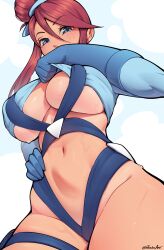 1girl absurdres artist_name blue_eyes blush breasts clothes_lift crop_top dark-skinned_female dark_skin dracksart gloves hand_on_own_hip highleg highleg_leotard highres large_breasts leotard lifting_own_clothes medium_hair navel nintendo pokemon pokemon_bw red_hair shirt_lift signature simple_background skyla_(pokemon) strapless strapless_leotard sweat thigh_strap