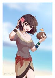 1girl absurdres bare_shoulders beach black_eyes black_hair blurry blurry_background border breasts bright_pupils brown_shirt cassandra_(tangled) coconut_cup cowboy_shot flower hair_between_eyes hair_flower hair_ornament hand_on_own_head highres kameko_mikan looking_at_viewer medium_breasts no_bra off-shoulder_shirt off_shoulder open_mouth red_lips shirt short_hair skirt smile solo standing tangled rapunzel&#039;s_tangled_adventure teeth twitter_username upper_teeth_only white_pupils wristband
