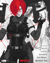 1girl ad arm_strap bodysuit crosshair dino_crisis dinosaur dual_wielding elbow_gloves english_text fake_ad gloves gun h&amp;k_mp5k hair_over_one_eye harness highres holding holster jhony_caballero lips monochrome red_hair regina_(dino_crisis) scar serious short_hair spandex submachine_gun torn_clothes turtleneck turtleneck_bodysuit weapon